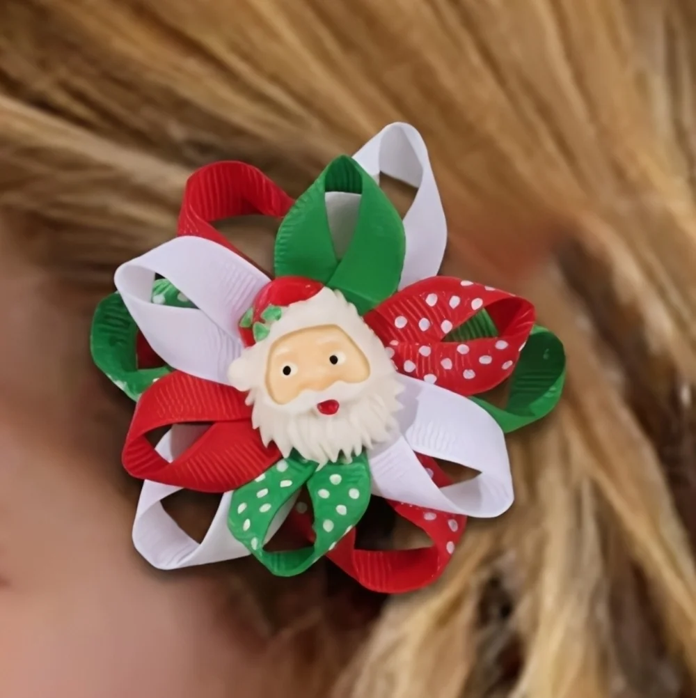 SET OF 2 Christmas Hair Bow Clips w/ SANTA CLAUS